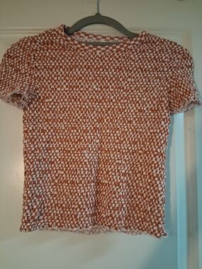 American Eagle Outfitters Rust & White Smocked Short Sleeve Semi Cropped Top